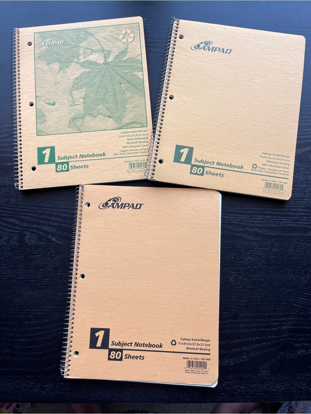 AMPAD 1 Subject Notebook 80 Sheets College Ruled Wirelock Recycled USA Set of 3